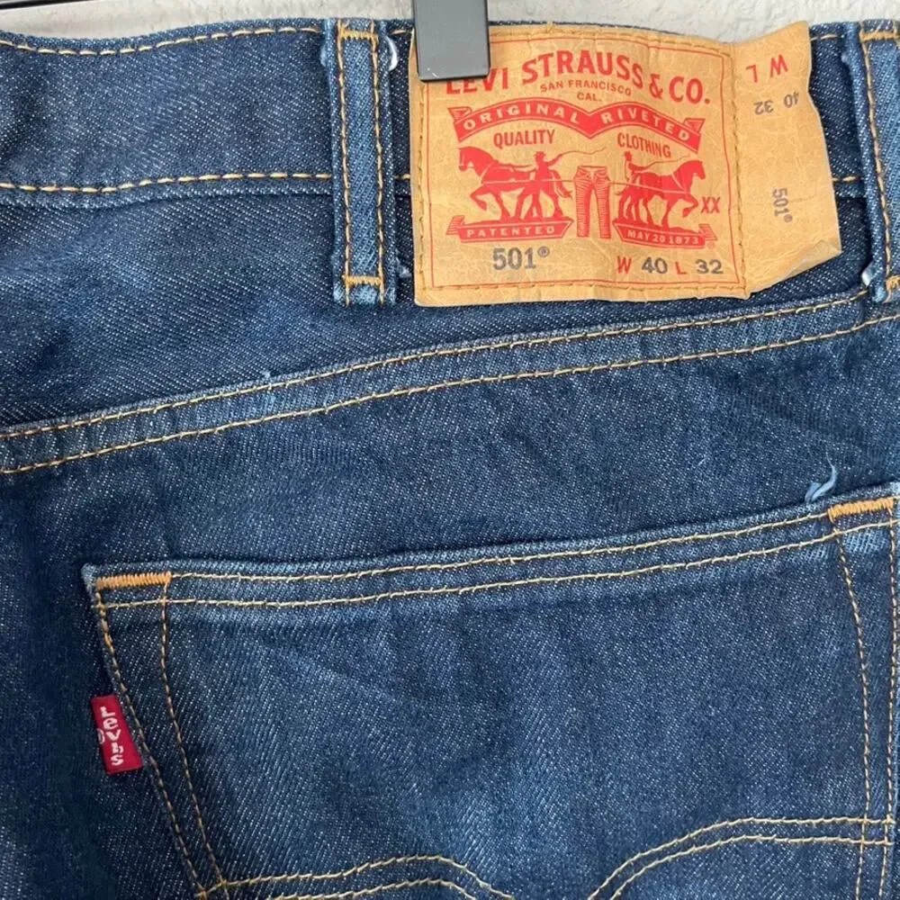 Levis 501 Dark Wash Button Fly Mens Rigid Denim Jeans Straight Leg W40 L32